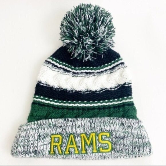 Sport-tek Winter knit Pom-Pom toboggan hat “rams” winter Sports Pom Pom Striped - Picture 1 of 7
